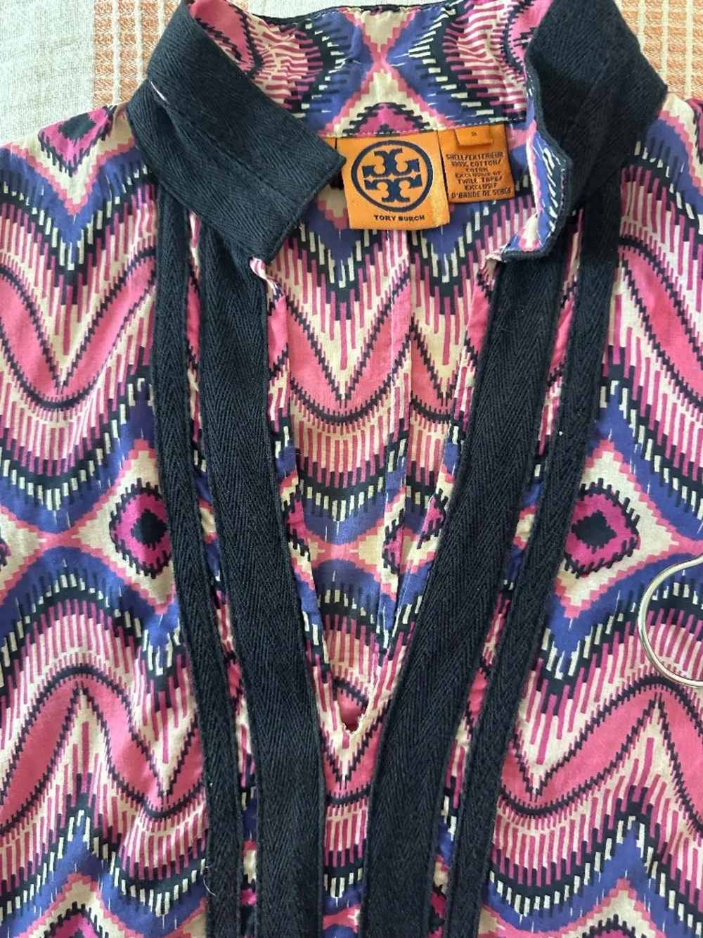 Tory Burch Pink & Navy Ikat Print Tunic Dress Women's XS/S 3/4 Sleeve